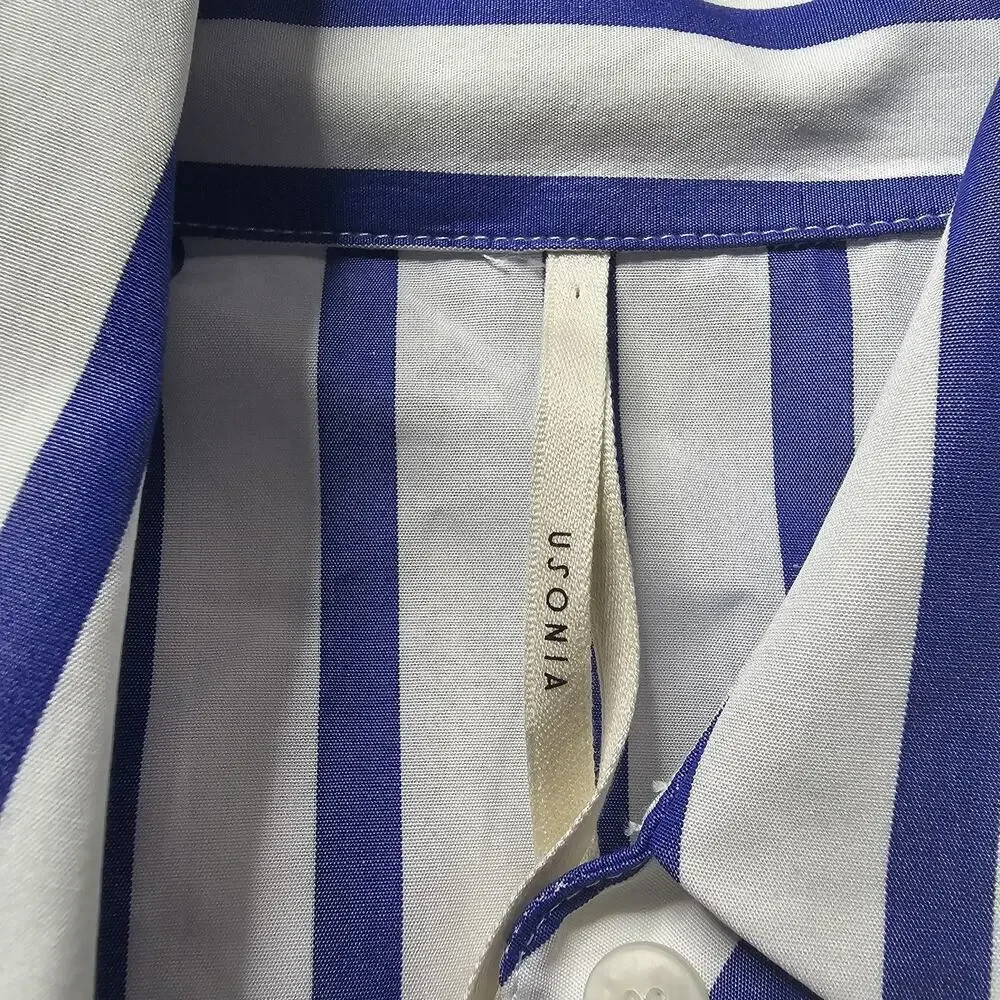 Usonia Womens White Blue Vertical Stripe 100% Cotton 3/4 Sleeve Blouse Size L - Picture 7 of 11